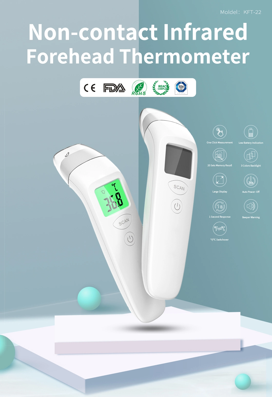 Office Hospital Supermarket Intelligent Professional High Temperature Automatic LCD Forehead Non Contact CE FDA RoHS Digital Infrared Thermometer